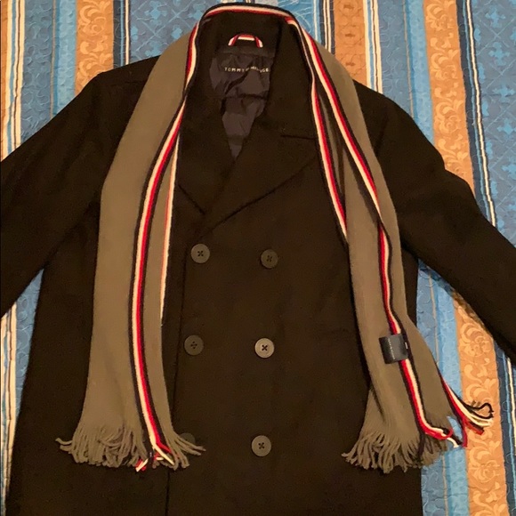 tommy hilfiger men's wool melton walking coat with attached scarf
